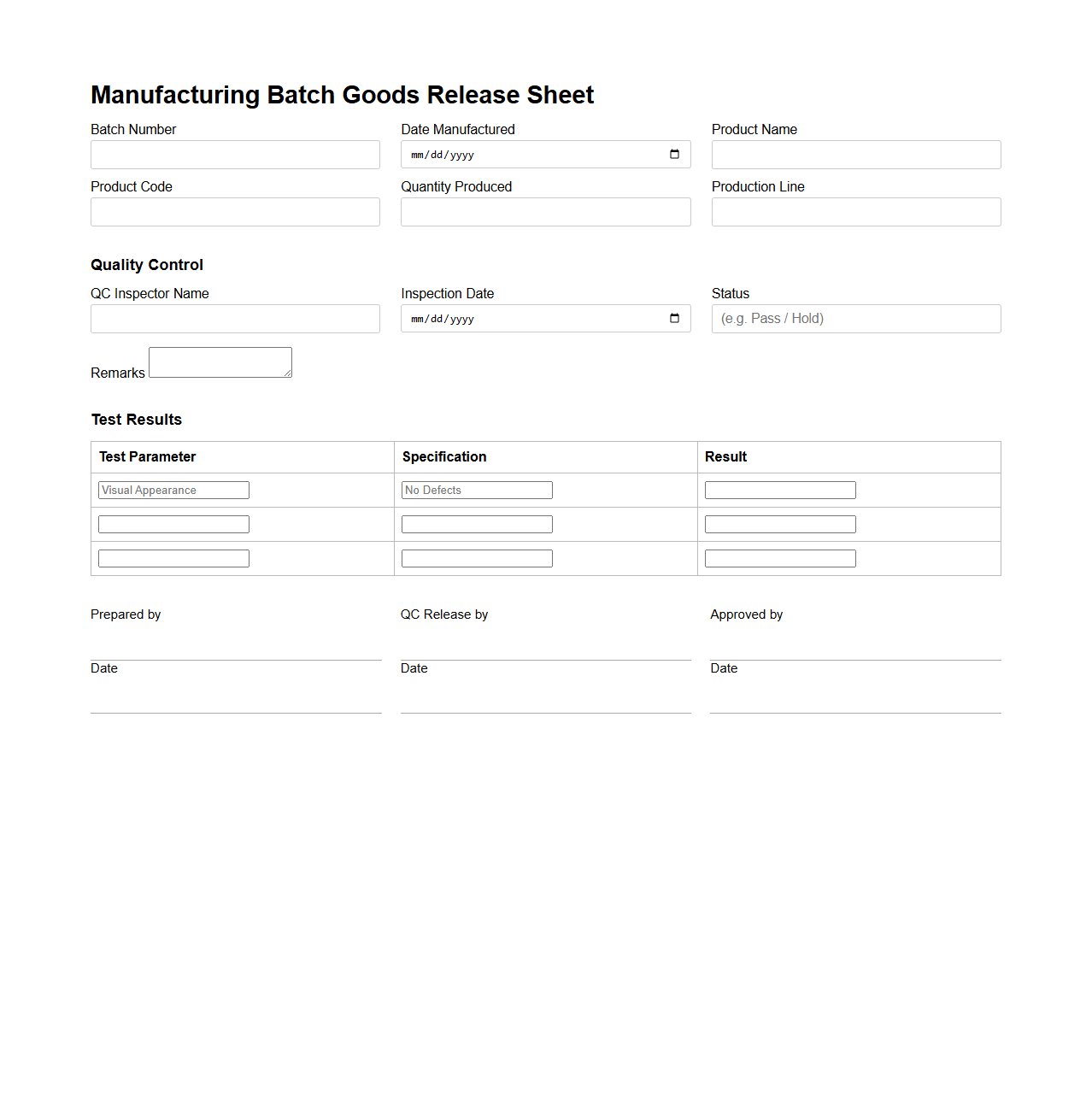 Manufacturing Batch Goods Release Sheet
