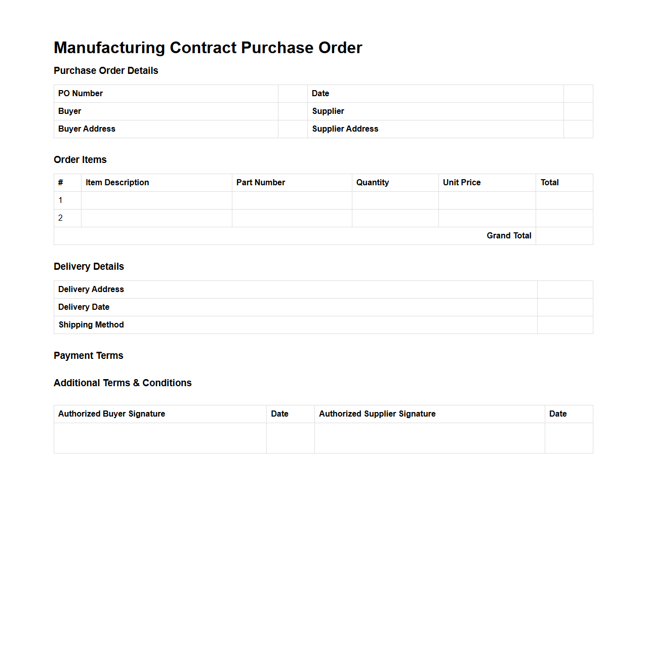 Manufacturing Contract Purchase Order Example