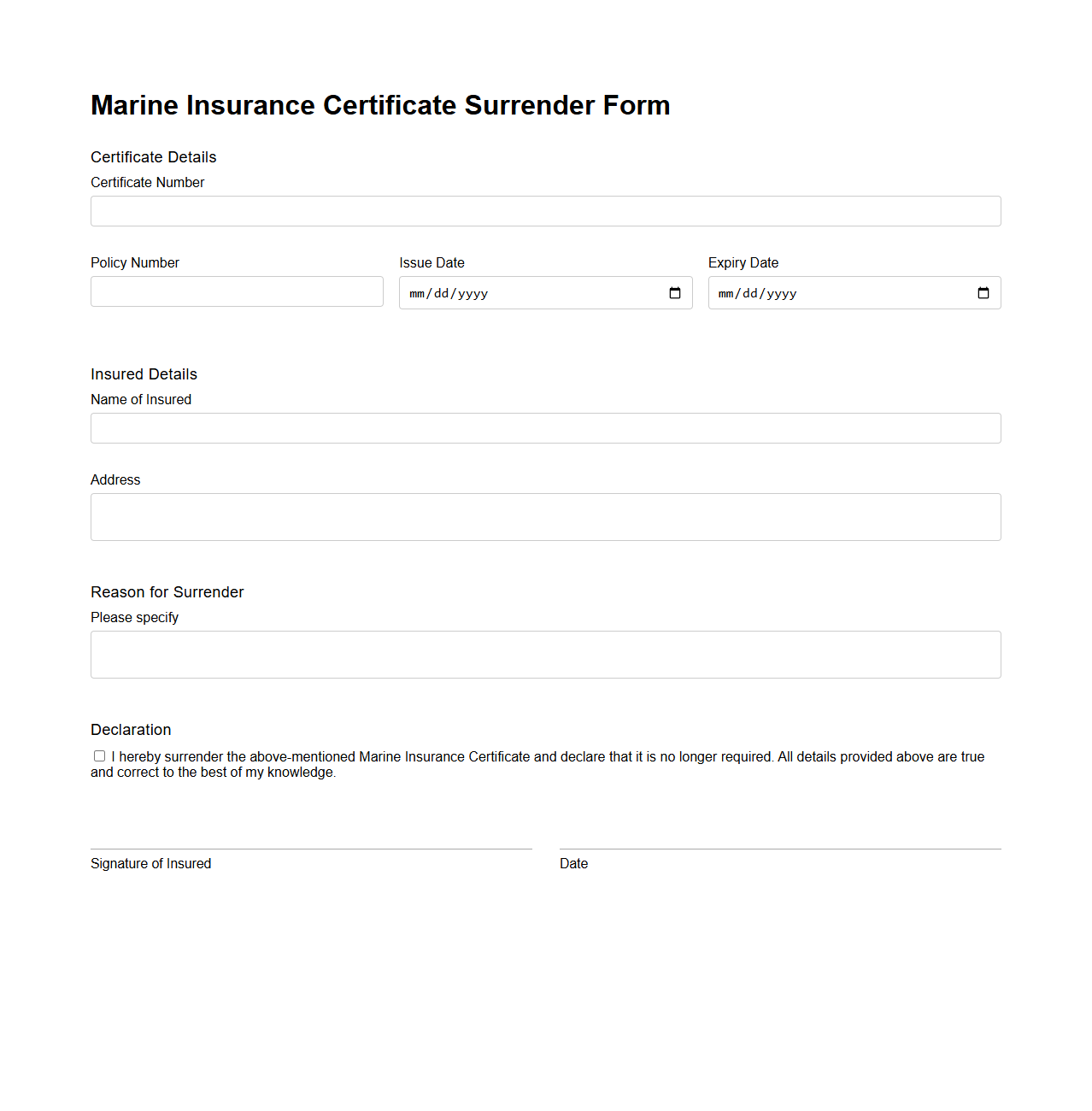Marine Insurance Certificate Surrender Form