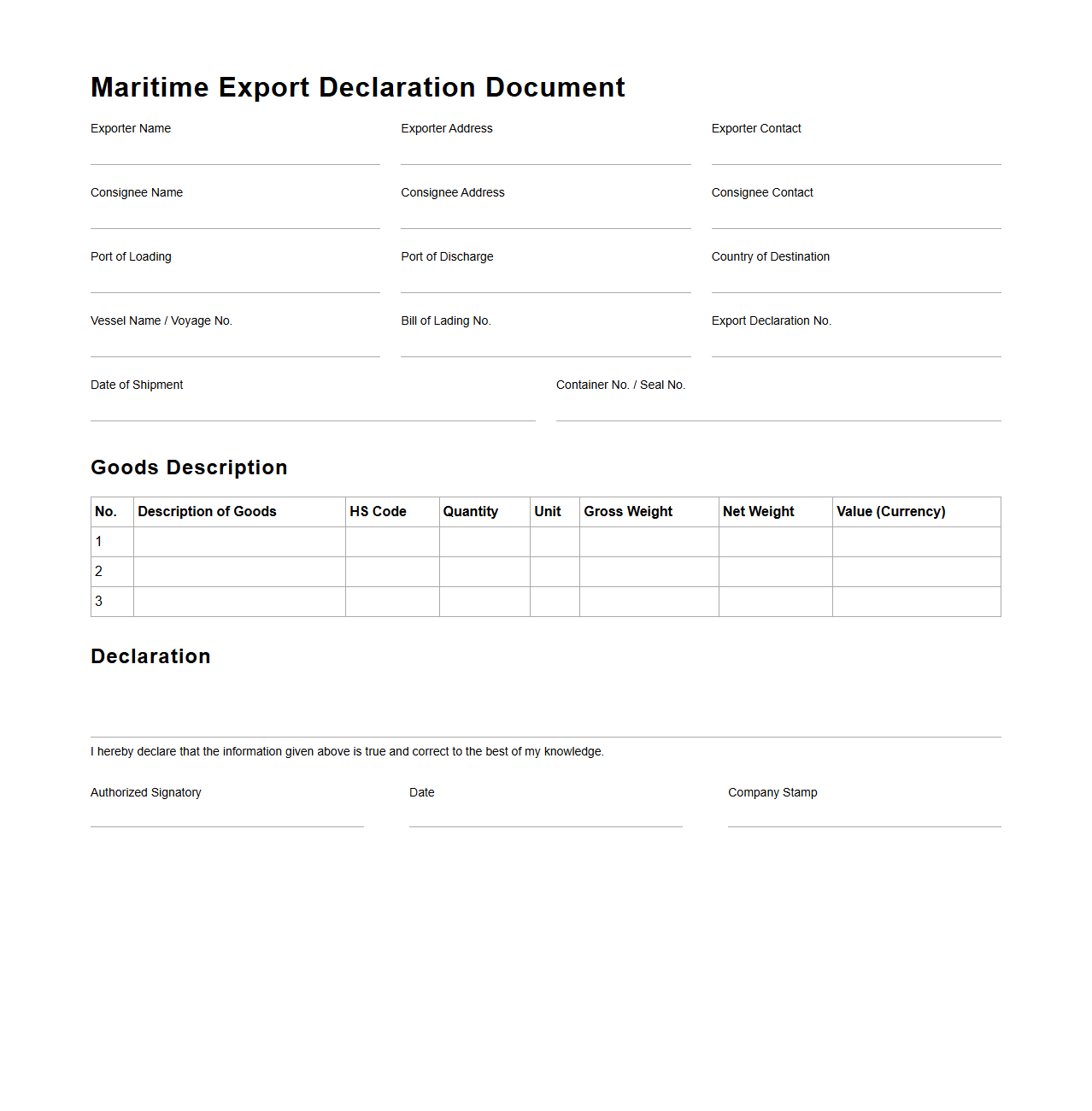 Maritime Export Declaration Document for Overseas Shipment