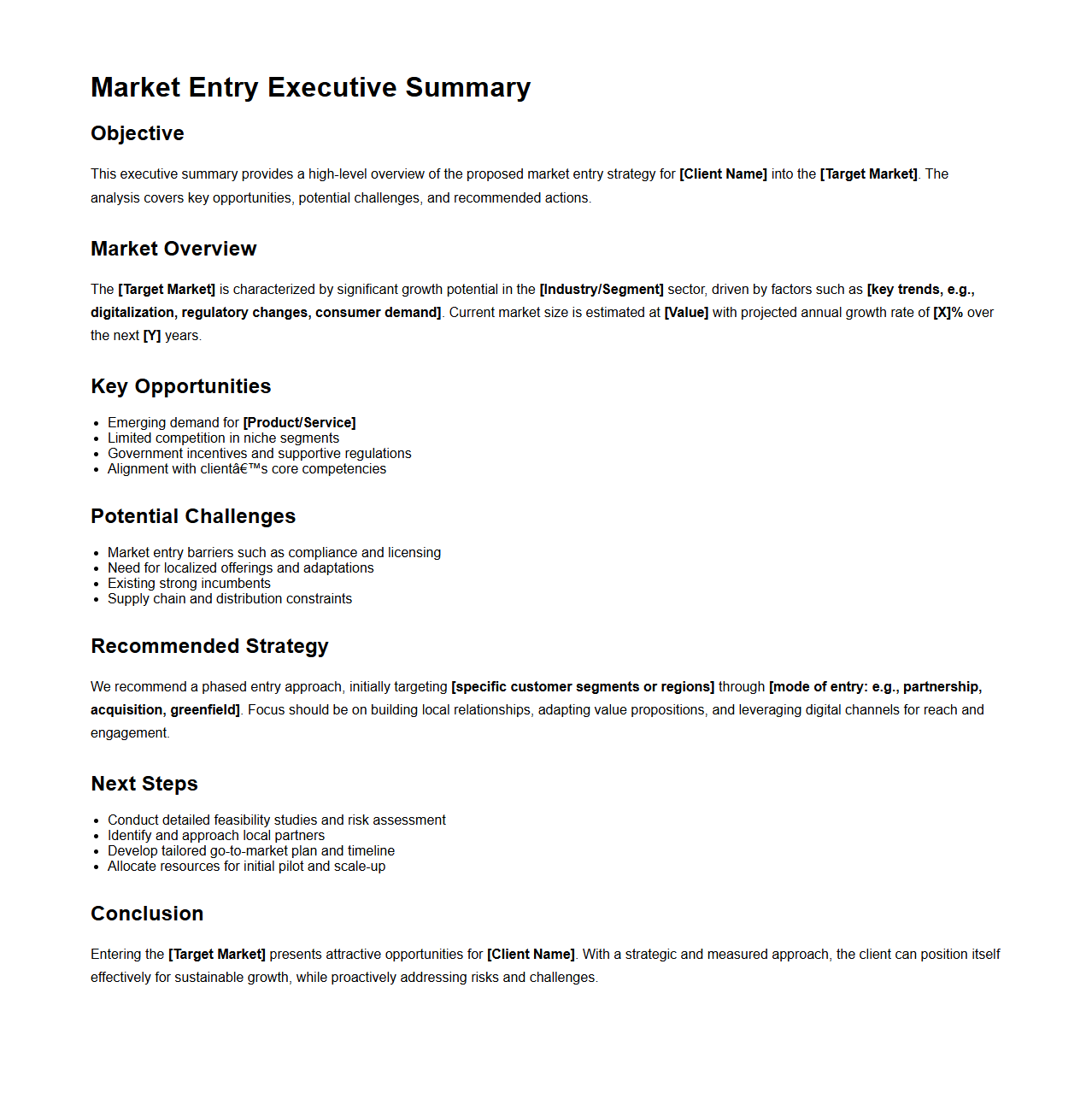 Market Entry Executive Summary Sample for Consulting