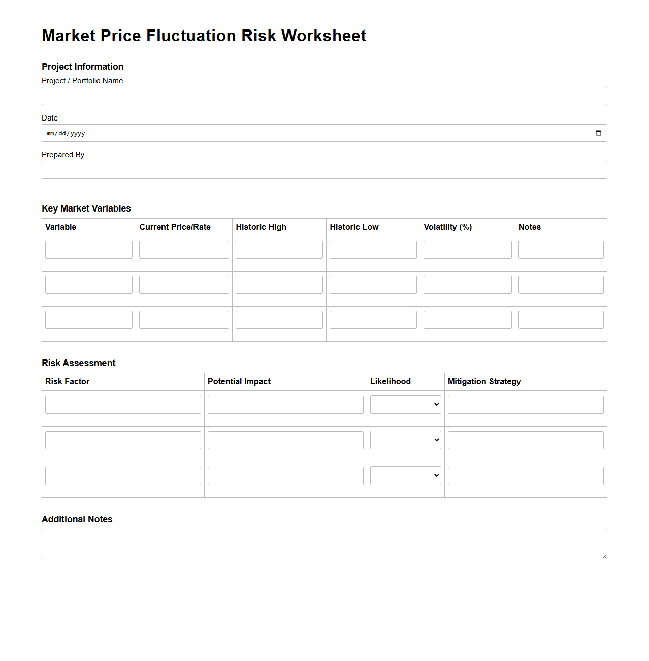 Market Price Fluctuation Risk Worksheet