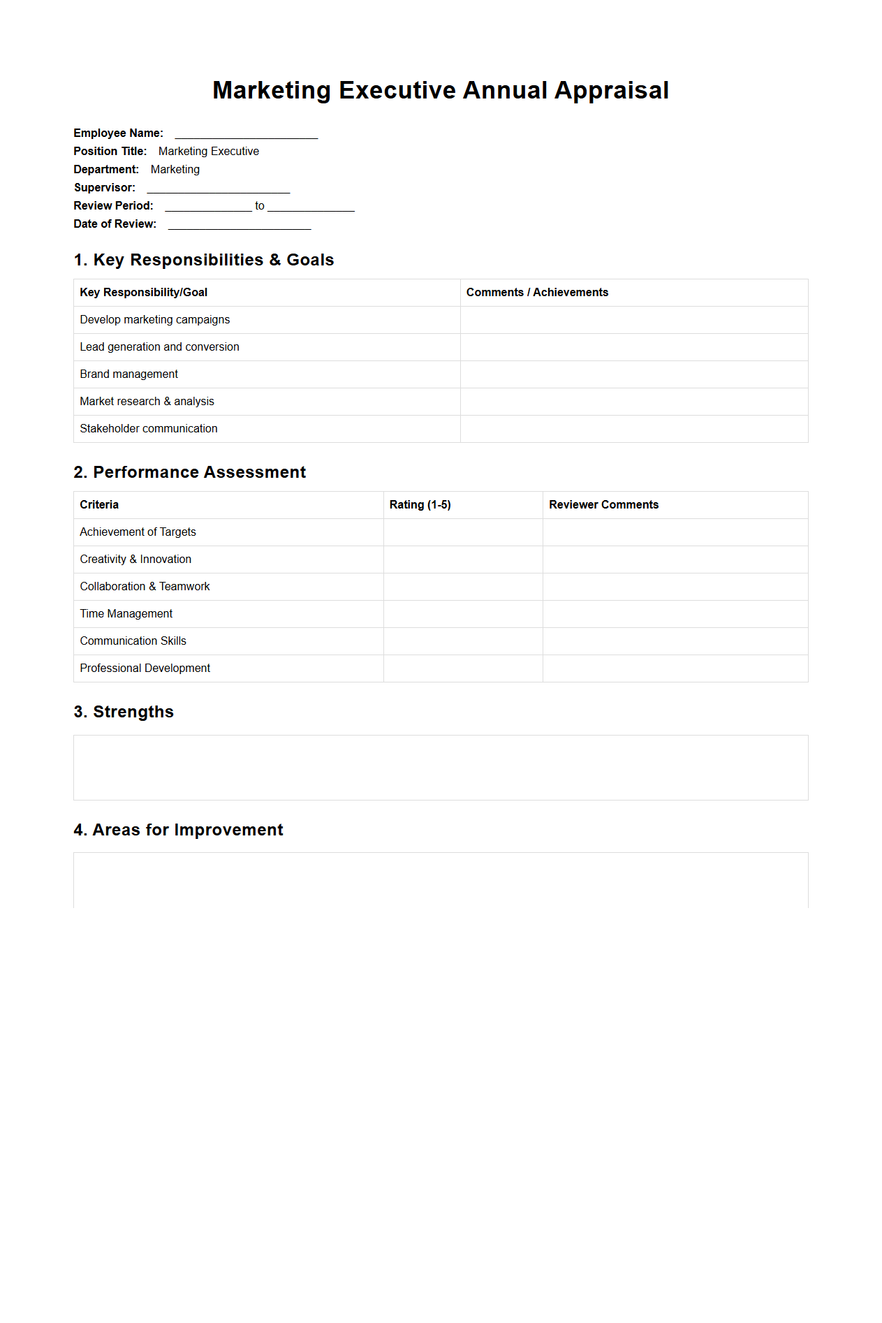Marketing Executive Annual Appraisal Sample Document