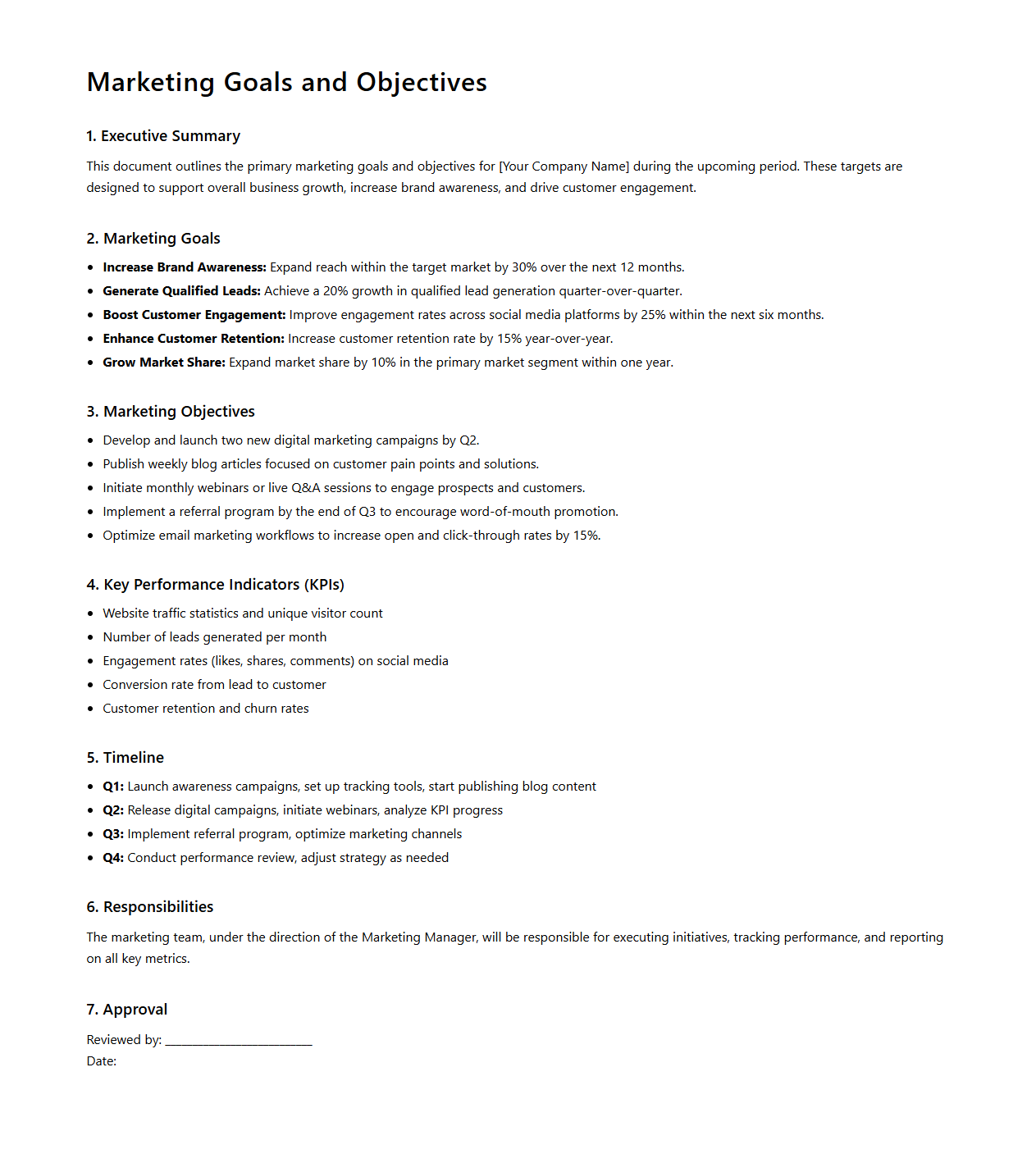 Marketing Goals and Objectives Sample Document