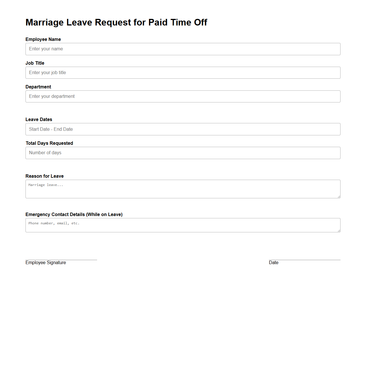 Marriage Leave Request for Paid Time Off