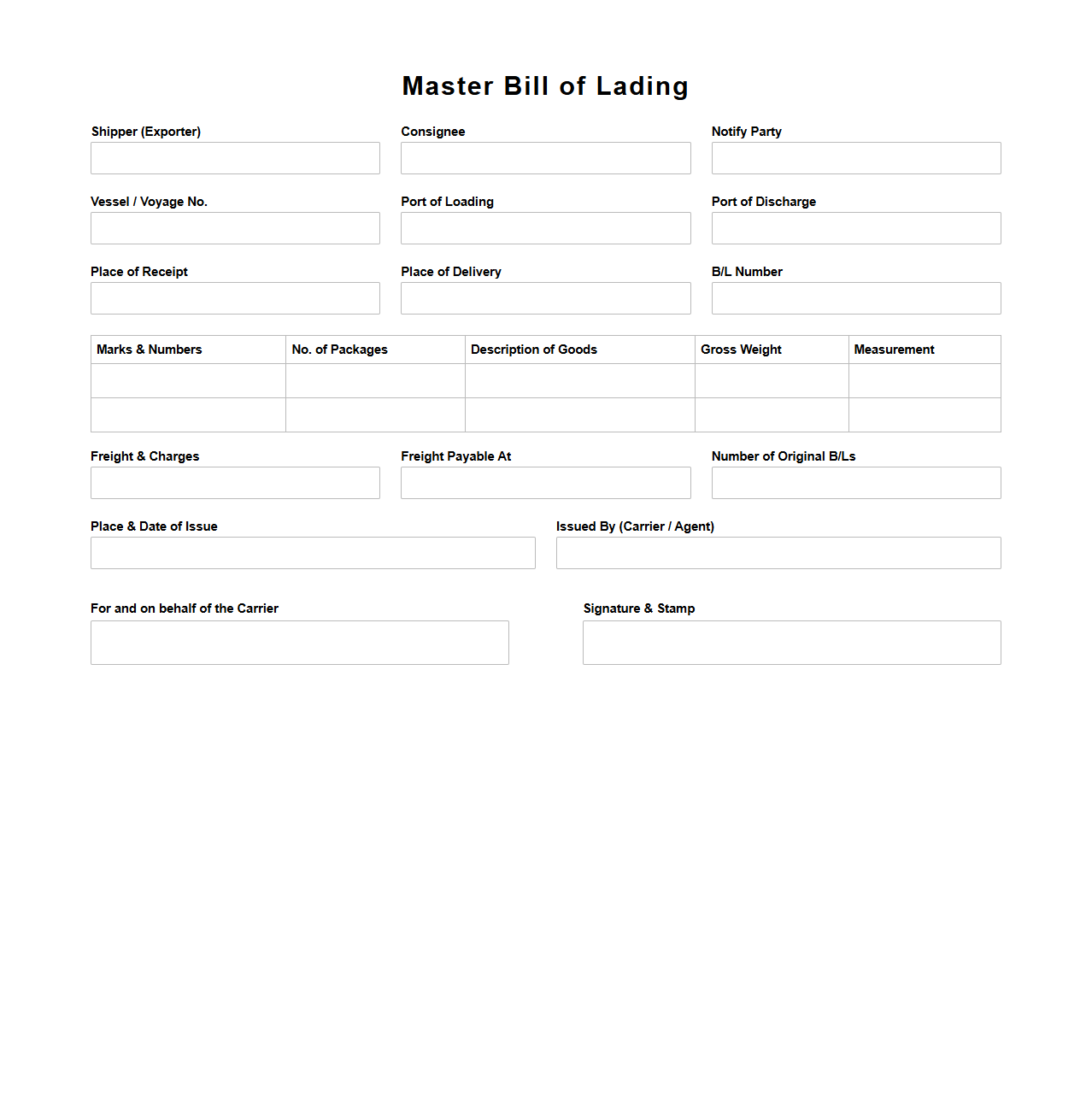 Master Bill of Lading for Maritime Shipment