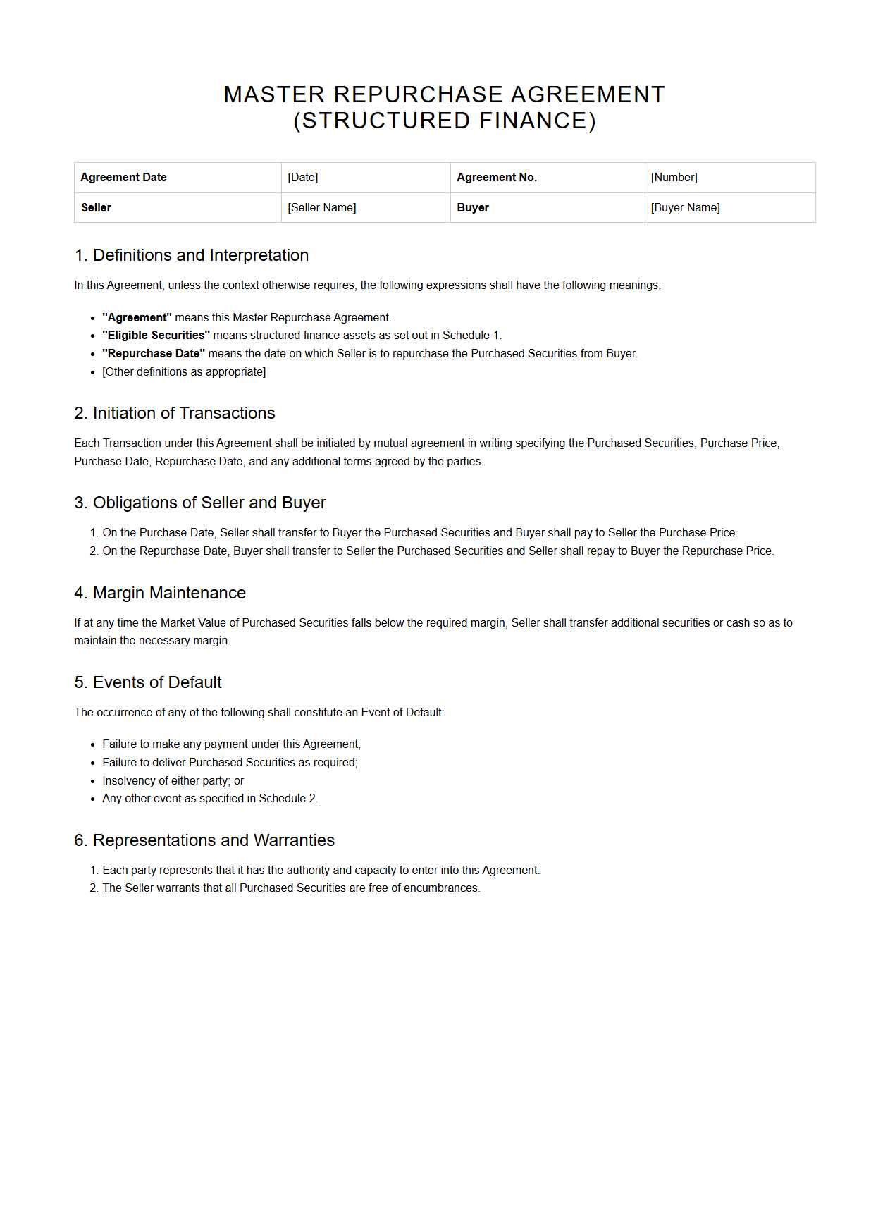 Master Repurchase Agreement Format for Structured Finance