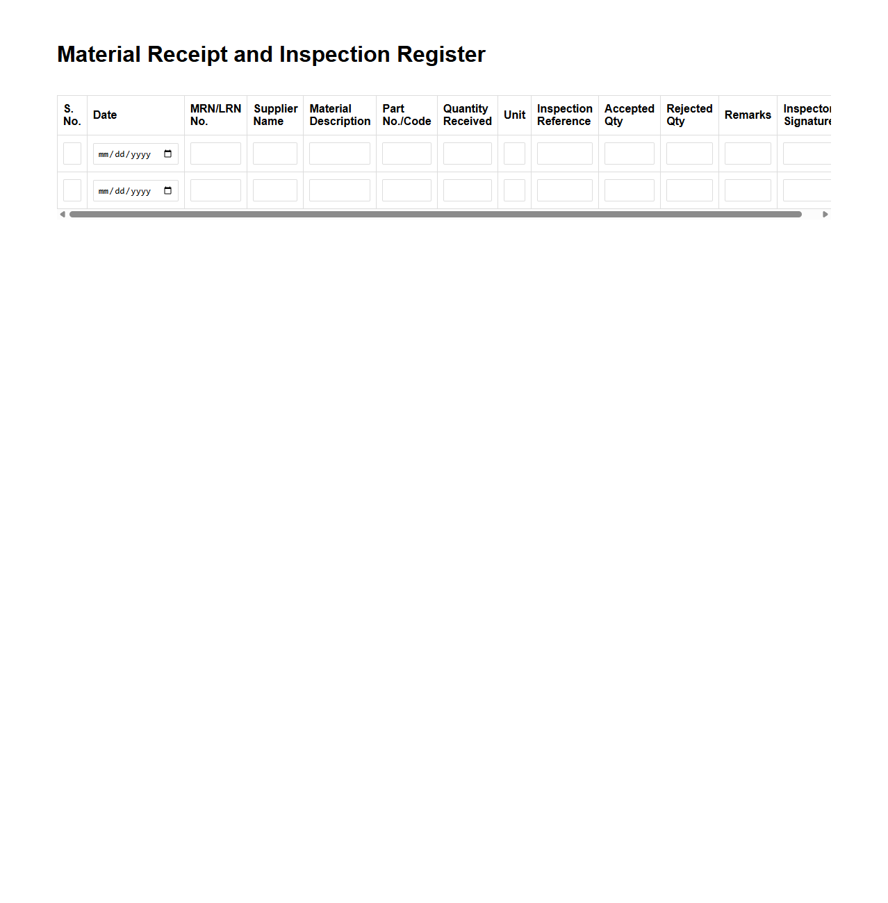 Material Receipt and Inspection Register for Manufacturing