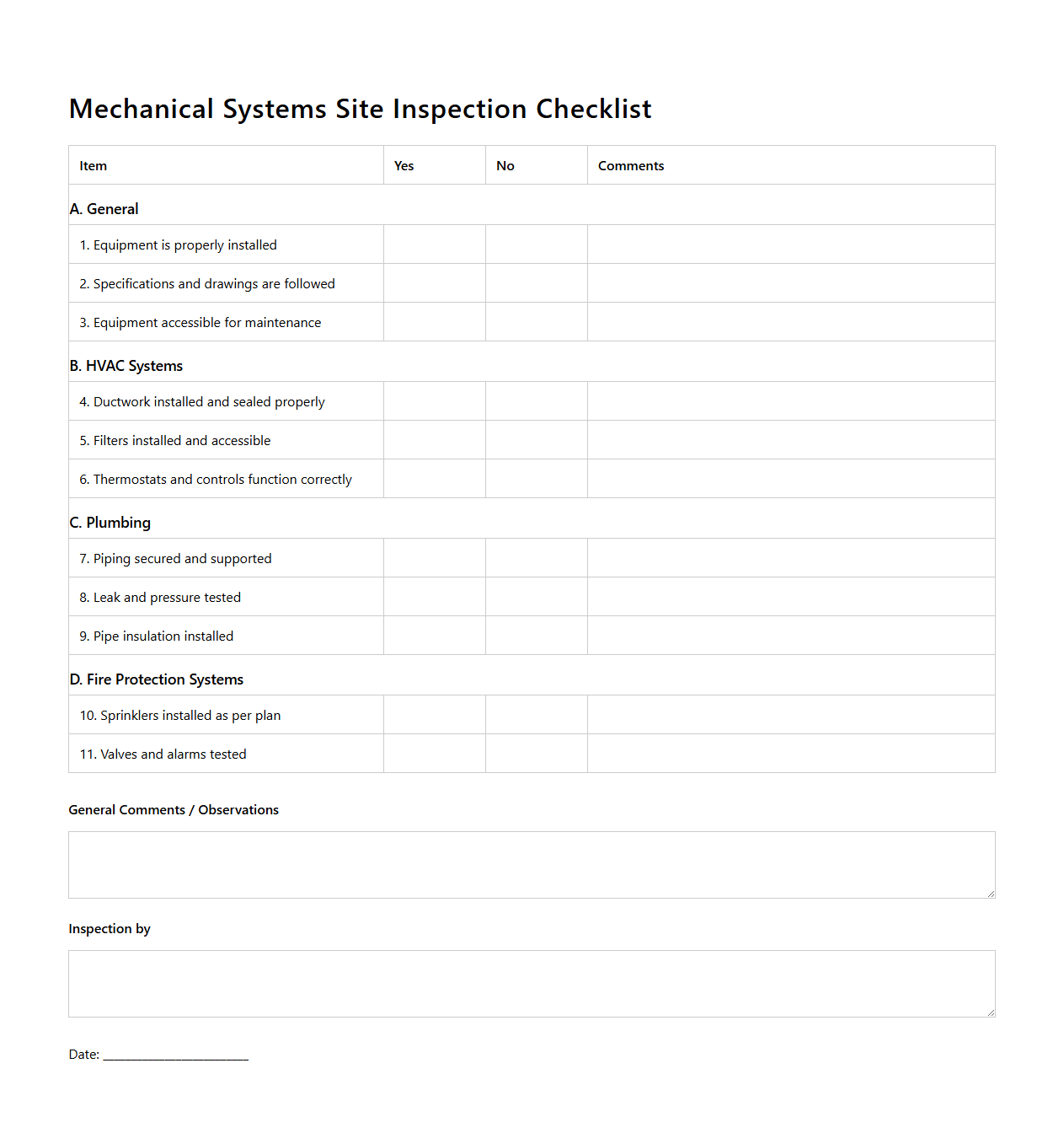 Mechanical Systems Site Inspection Checklist