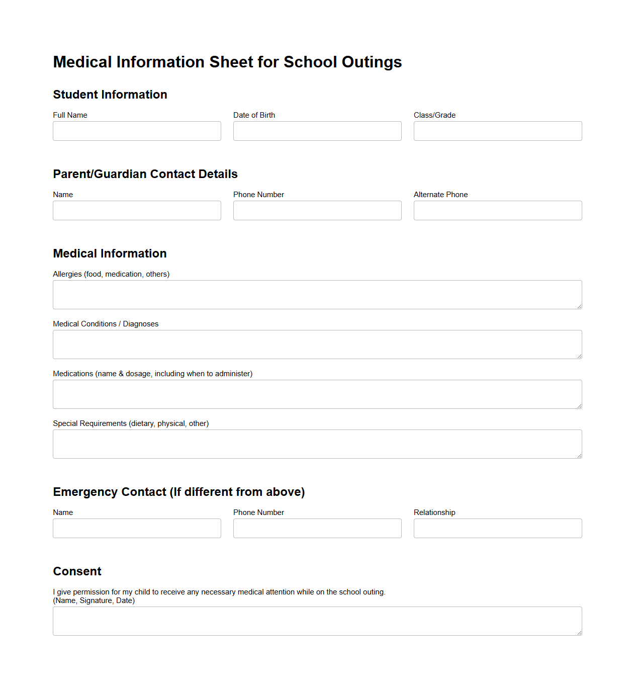 Medical Information Sheet for School Outings