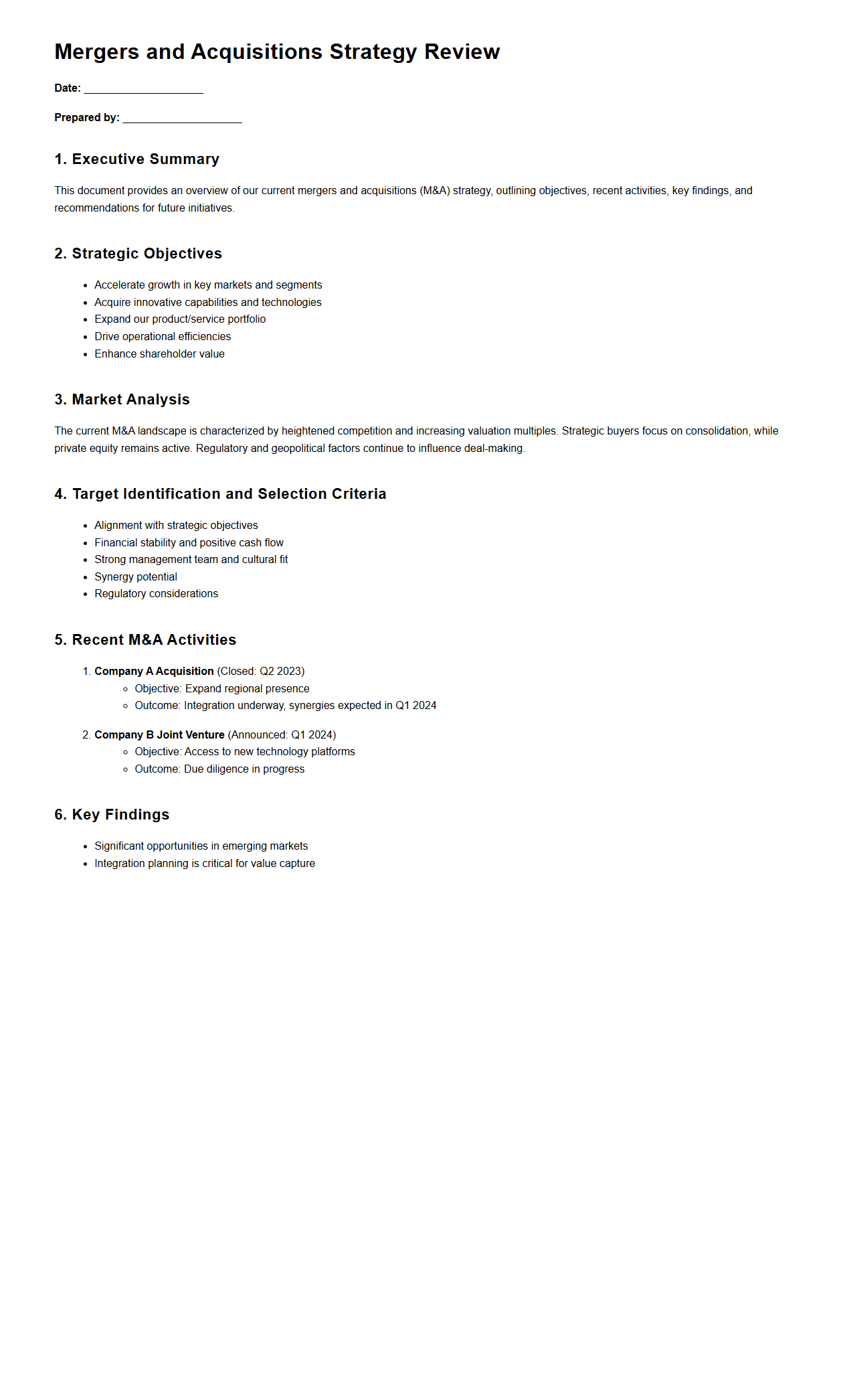 Mergers and Acquisitions Strategy Review Sample