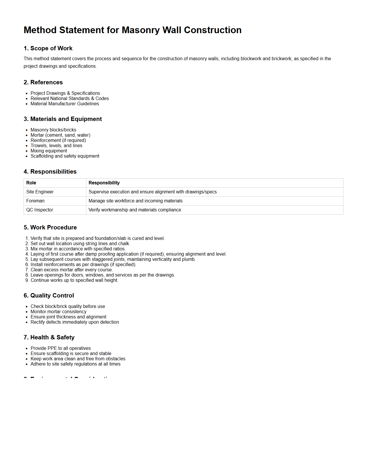 Method Statement for Masonry Wall Construction