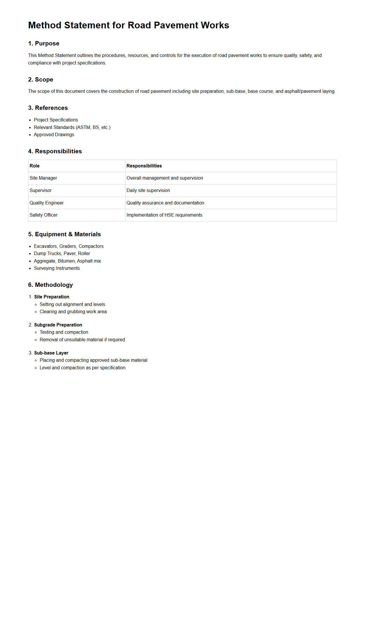 Method Statement for Road Pavement Works