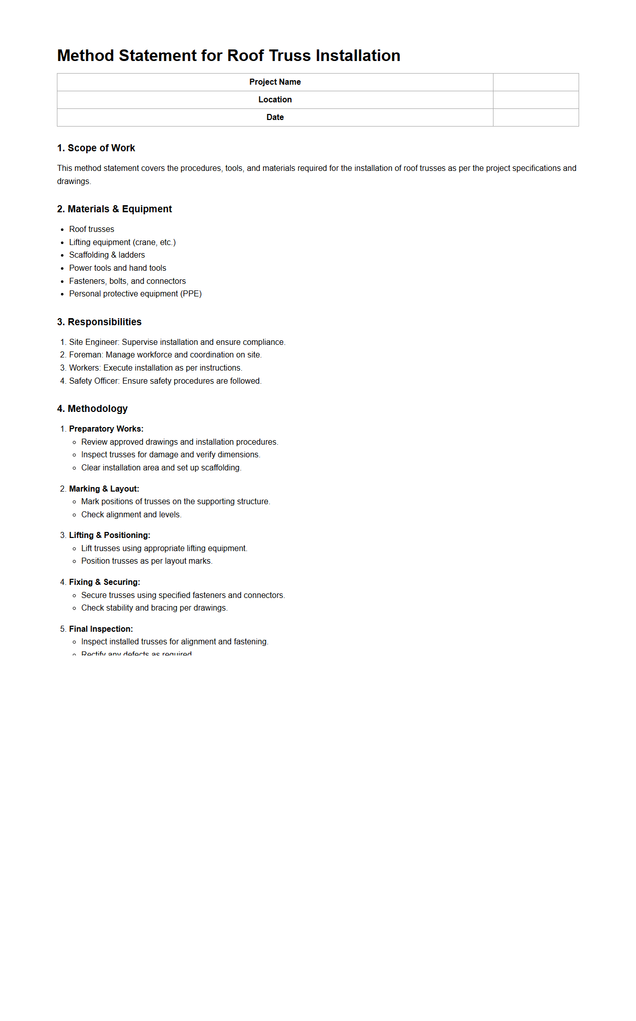 Method Statement for Roof Truss Installation