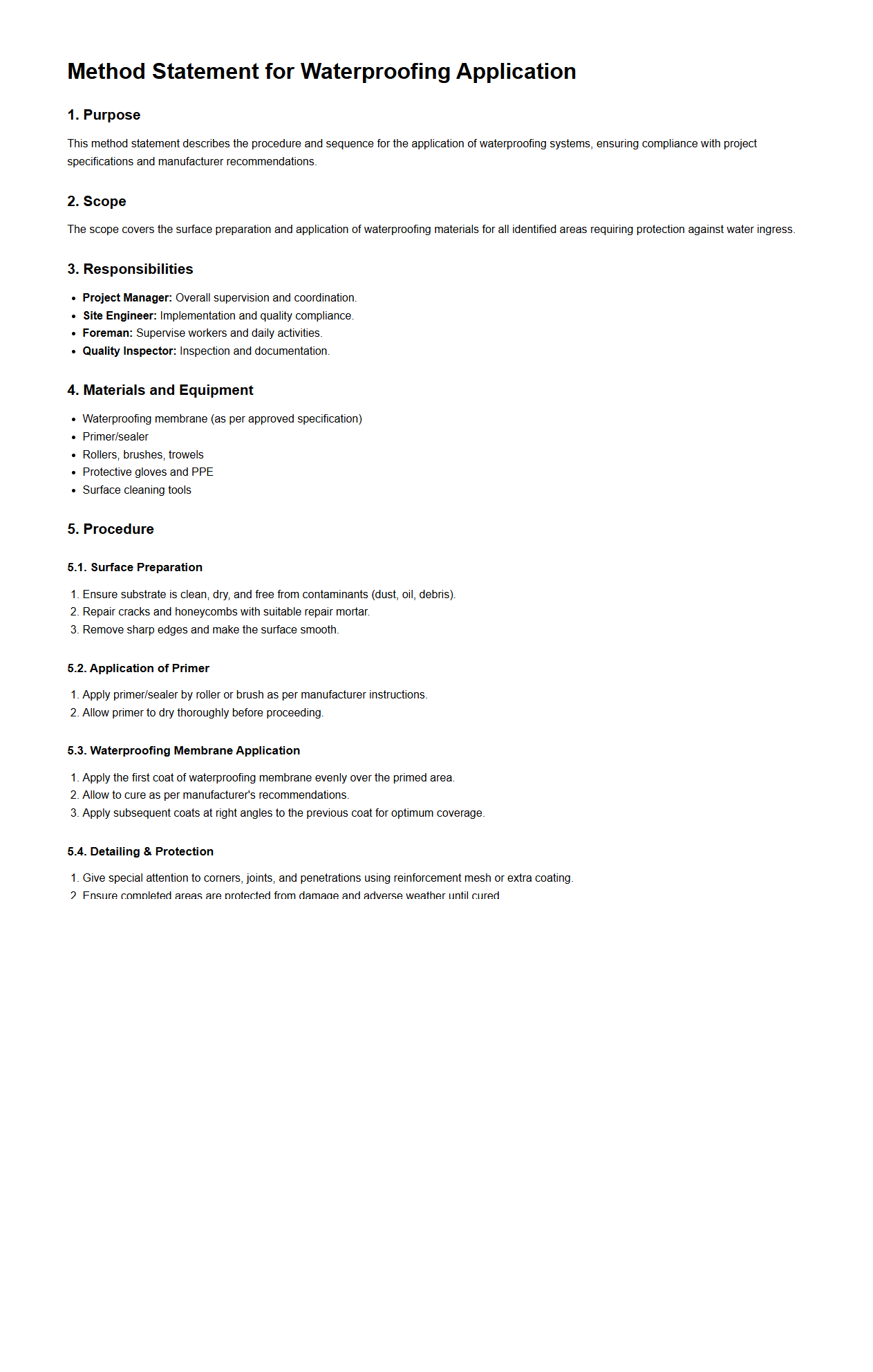 Method Statement for Waterproofing Application
