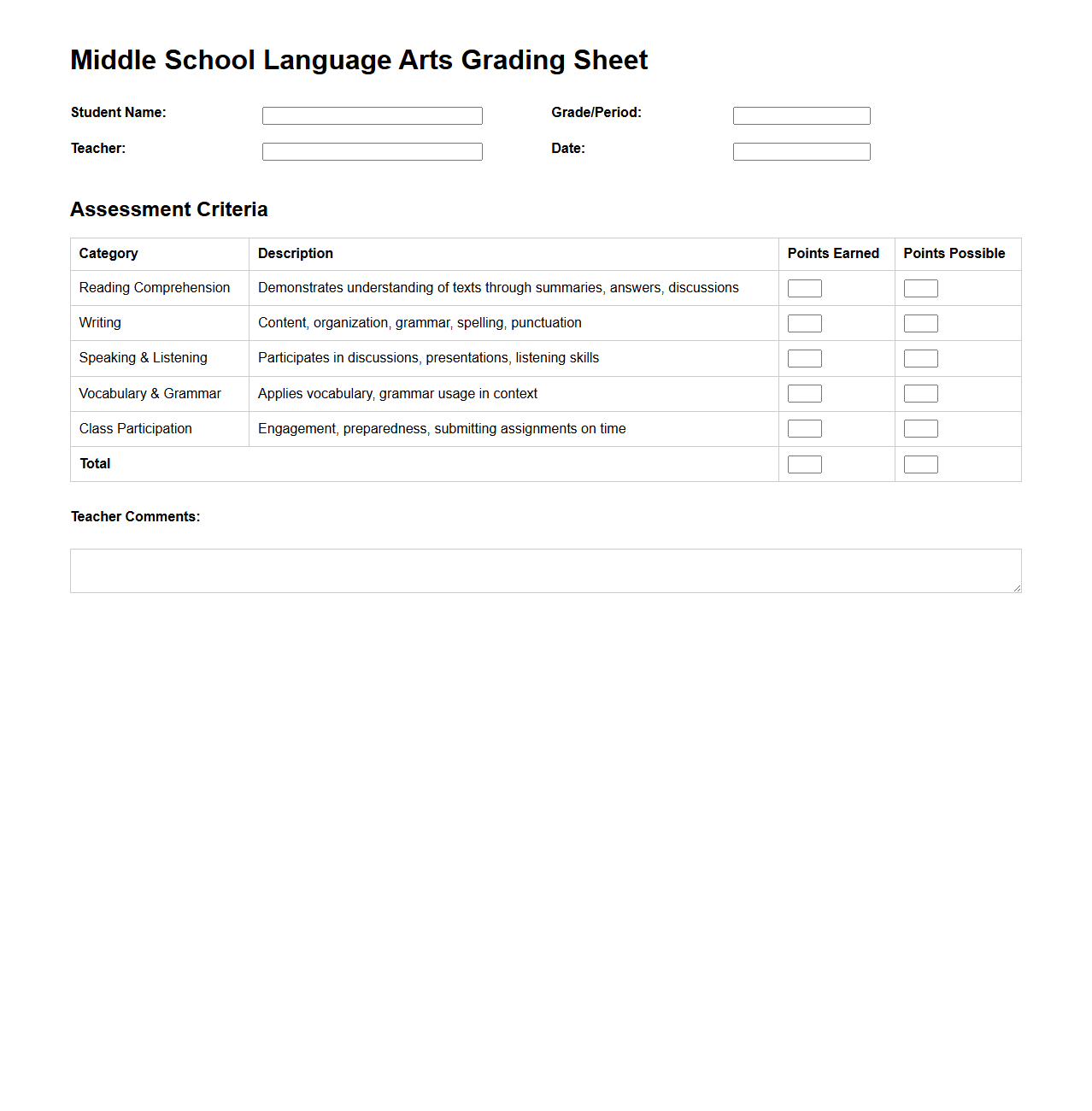 Middle School Language Arts Grading Sheet Template