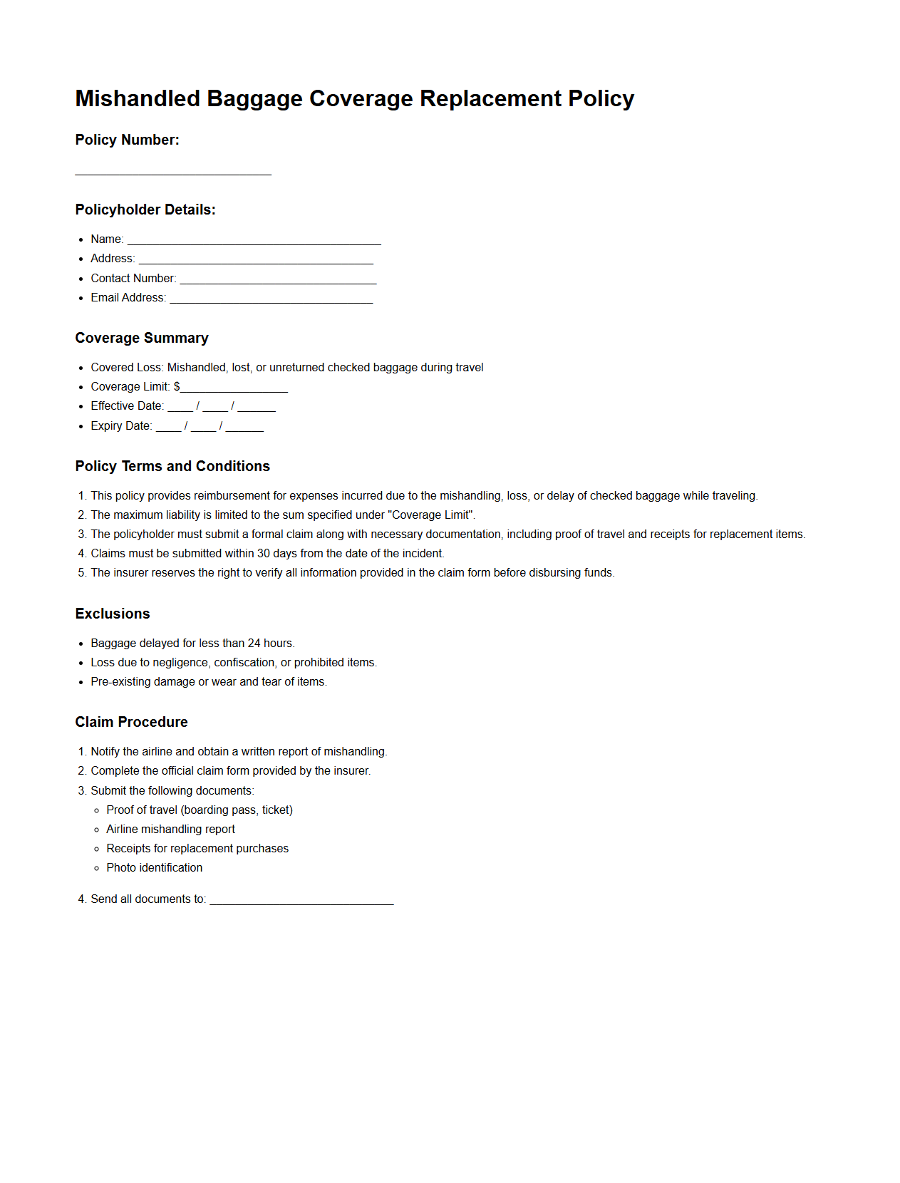 Mishandled Baggage Coverage Replacement Policy Template