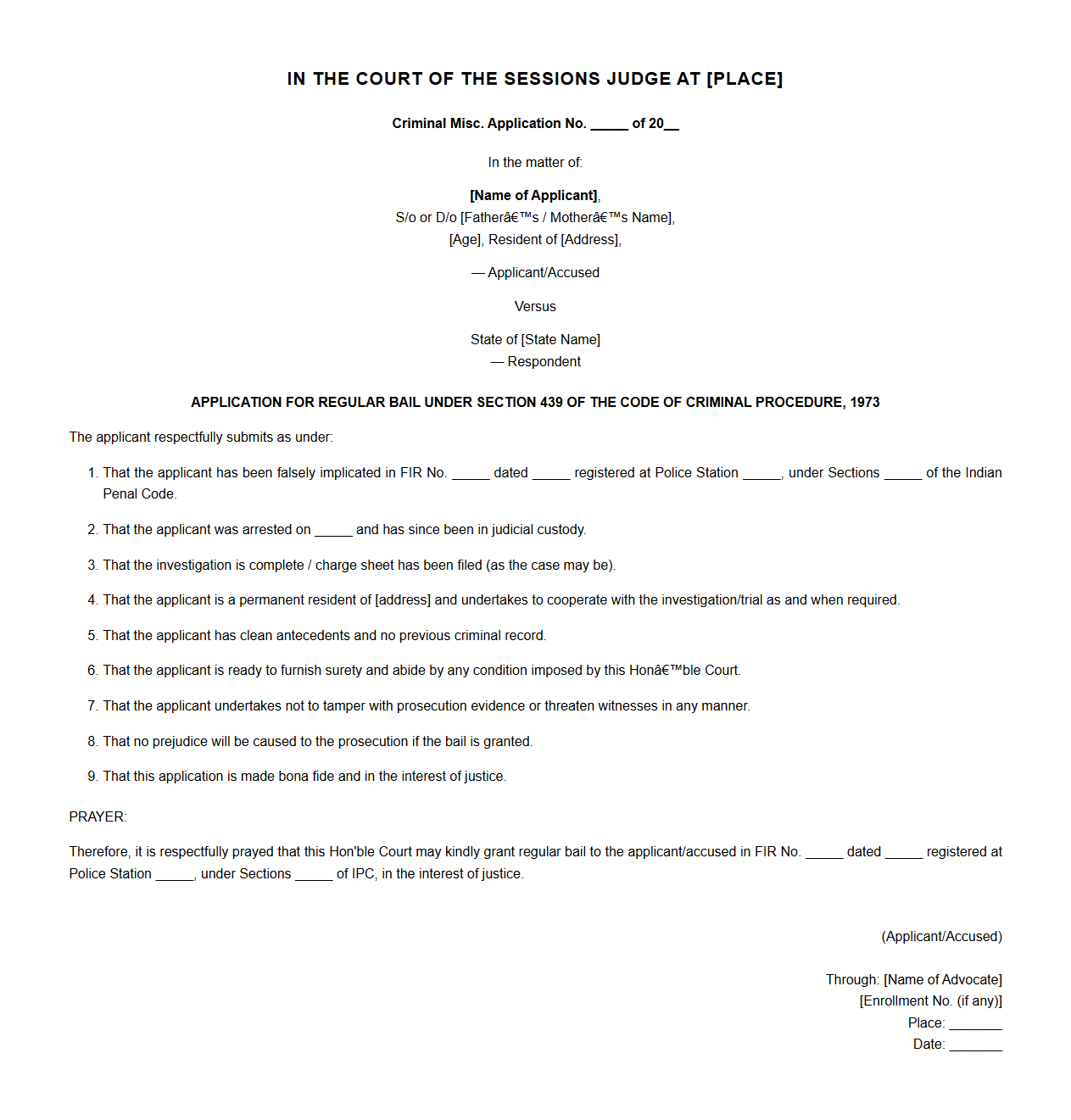 Model Application for Regular Bail in Sessions Court