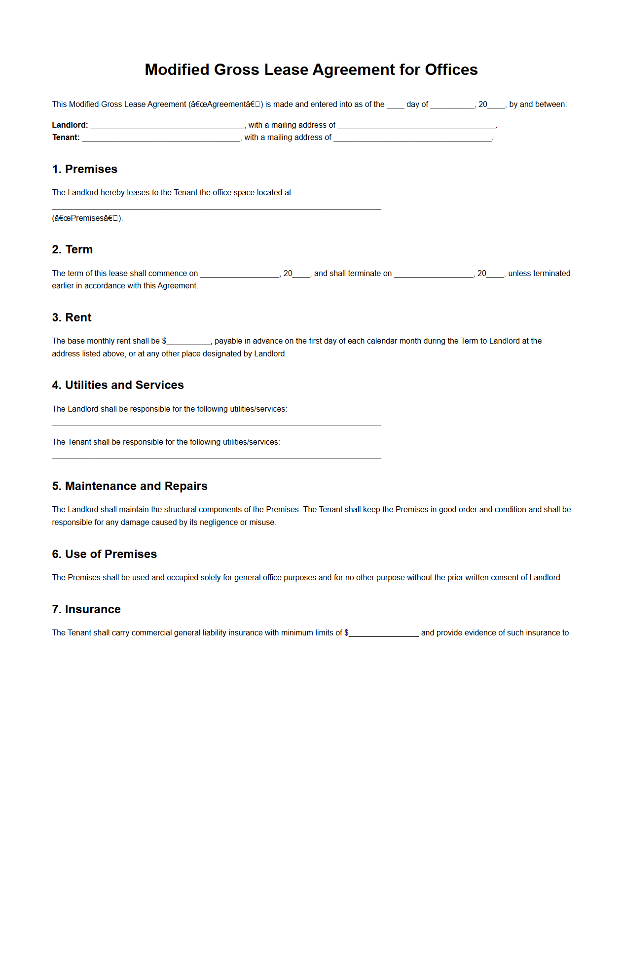 Modified Gross Lease Agreement for Offices