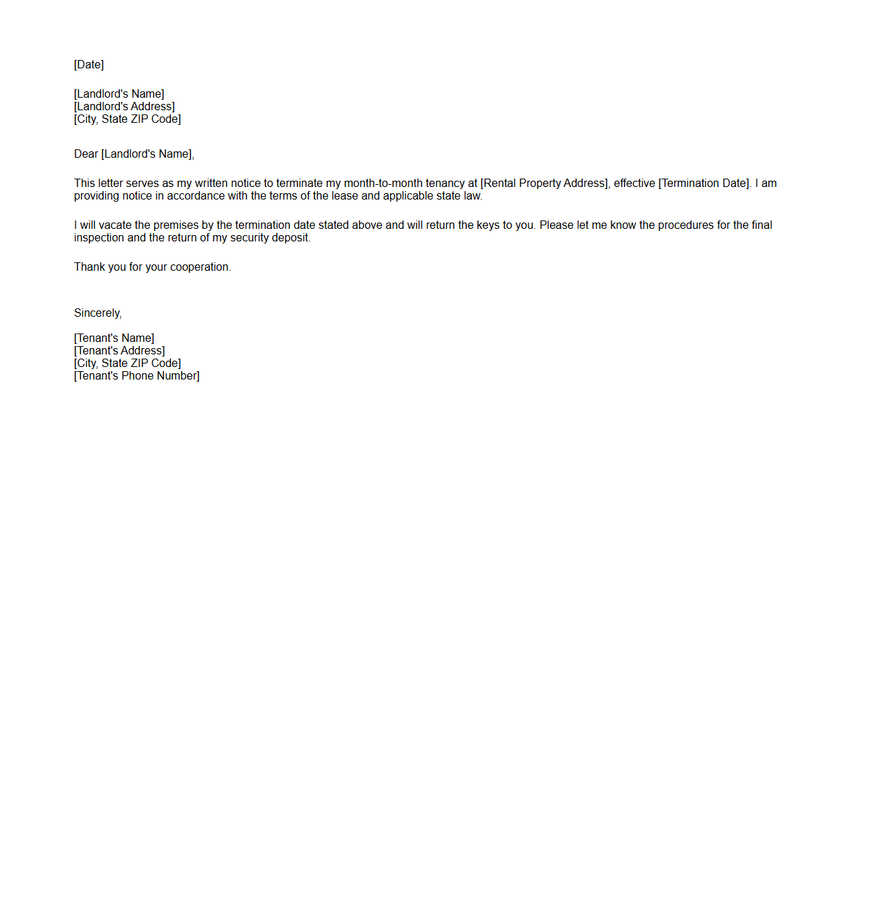 Month-to-Month Tenancy Termination Letter