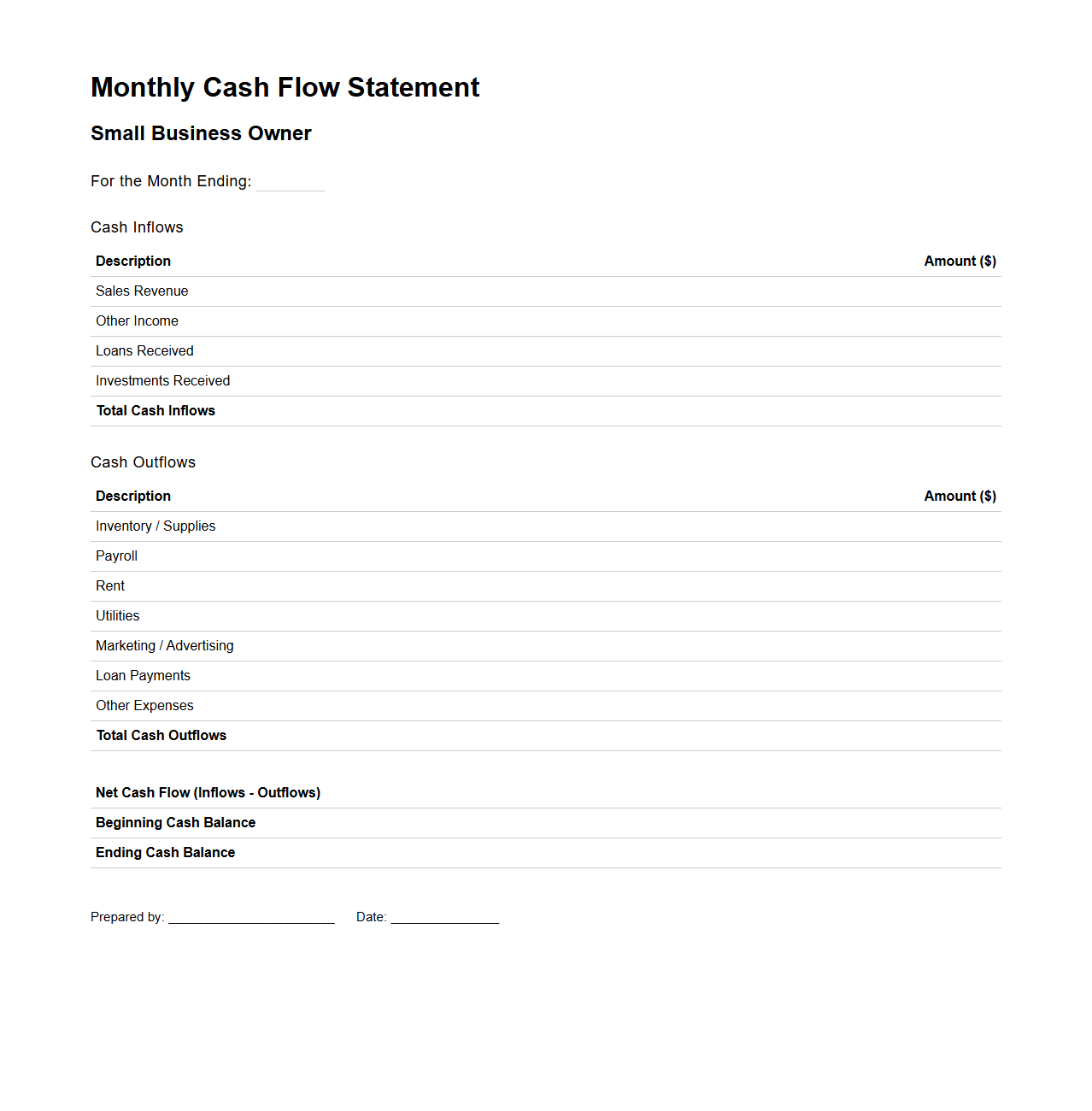 Monthly Cash Flow Statement for Small Business Owners