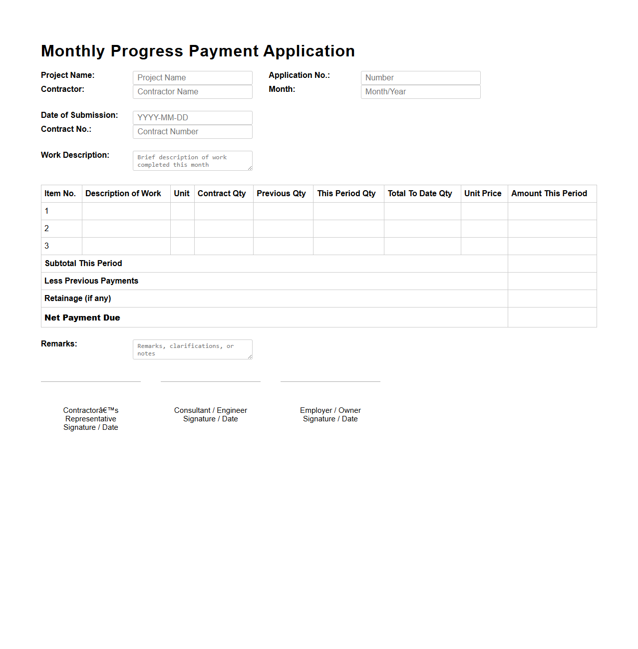 Monthly Progress Payment Application Sample
