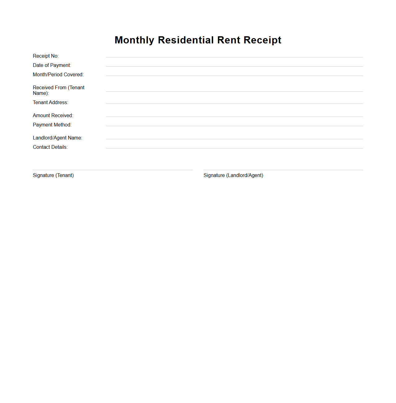 Monthly Residential Rent Receipt Template