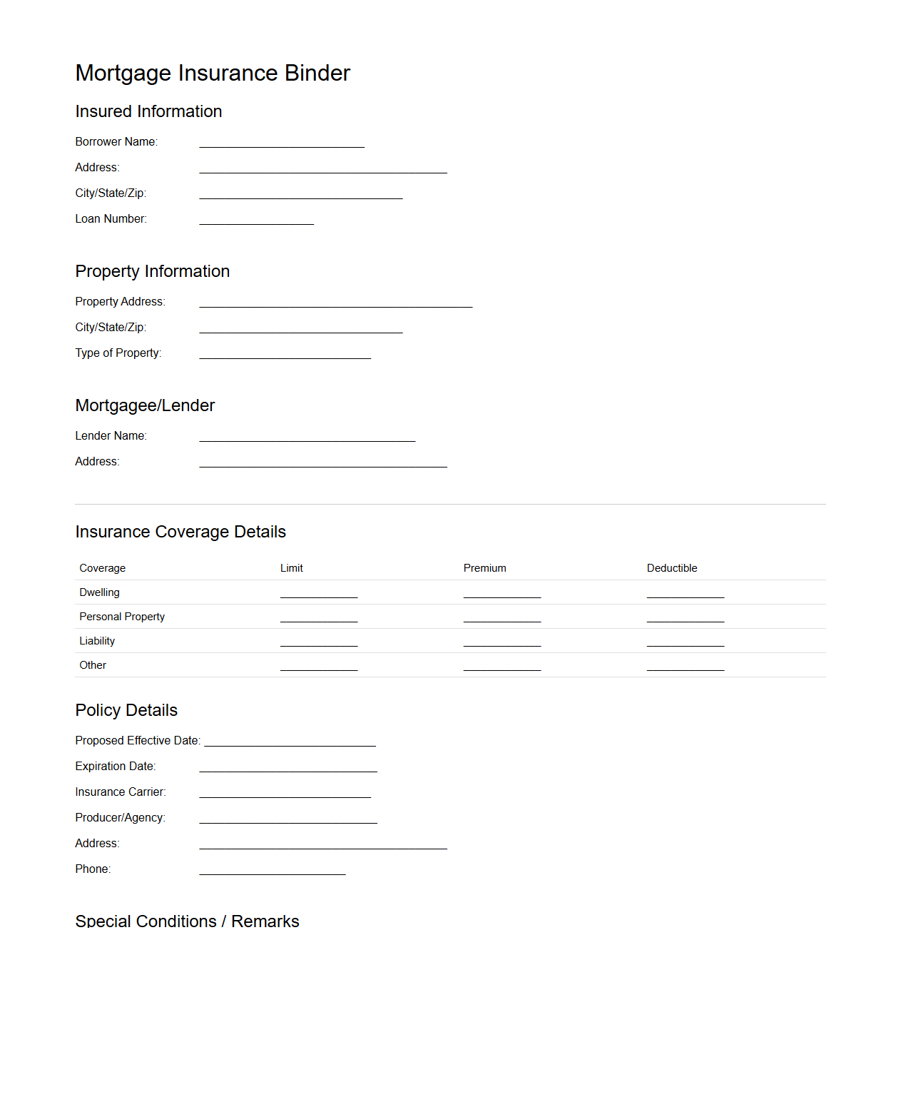 Mortgage Insurance Binder Example