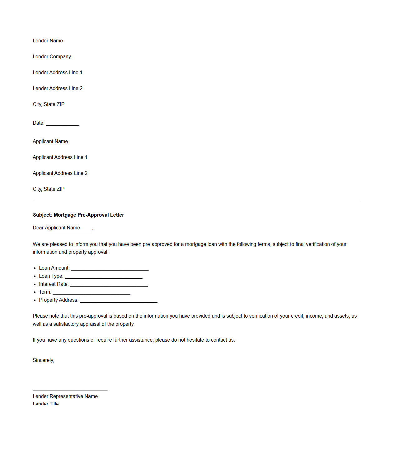 Mortgage Pre-Approval Letter Template