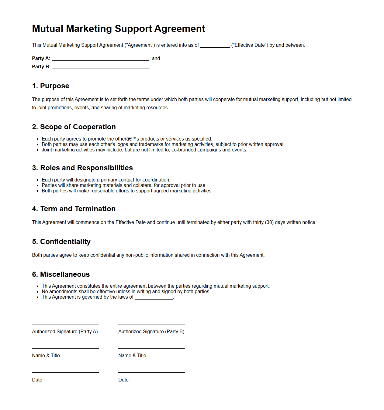 Mutual Marketing Support Agreement Template