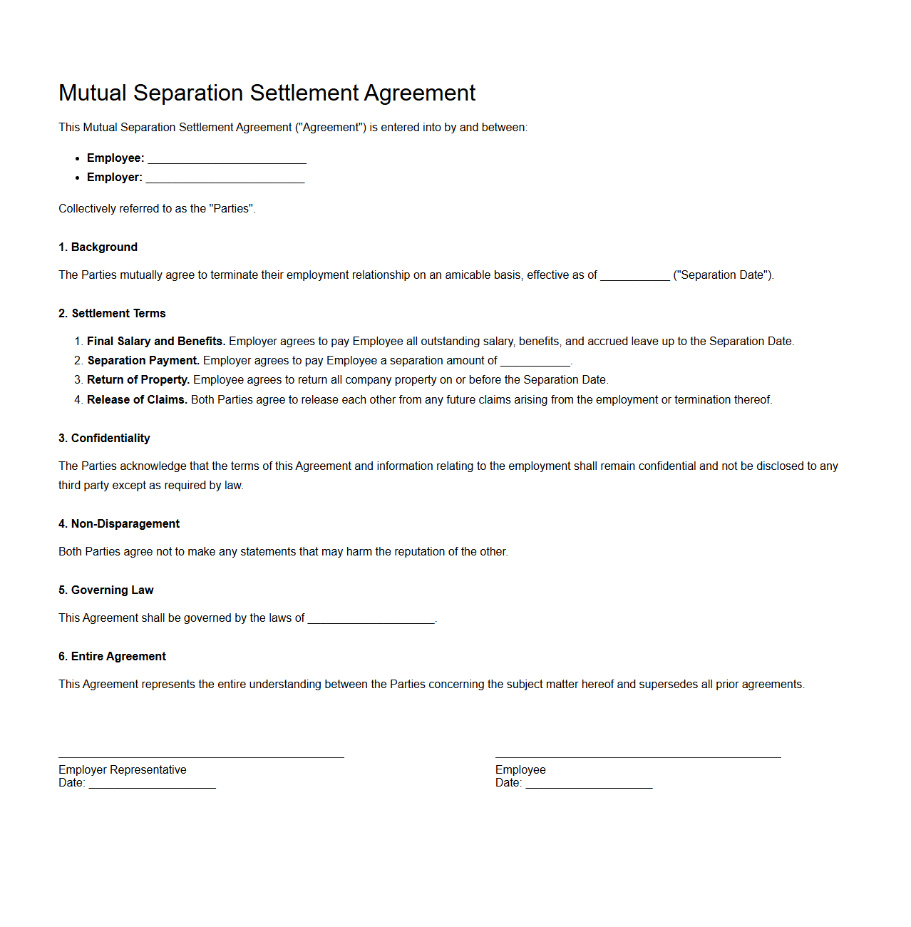 Mutual Separation Settlement Agreement Sample