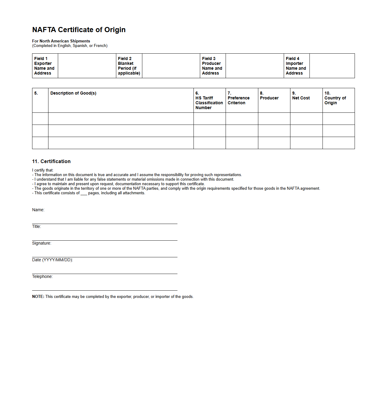 NAFTA Certificate of Origin Format for North American Shipments