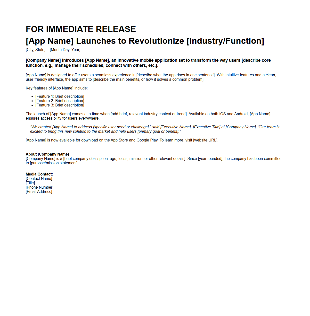 New App Announcement Press Release Example
