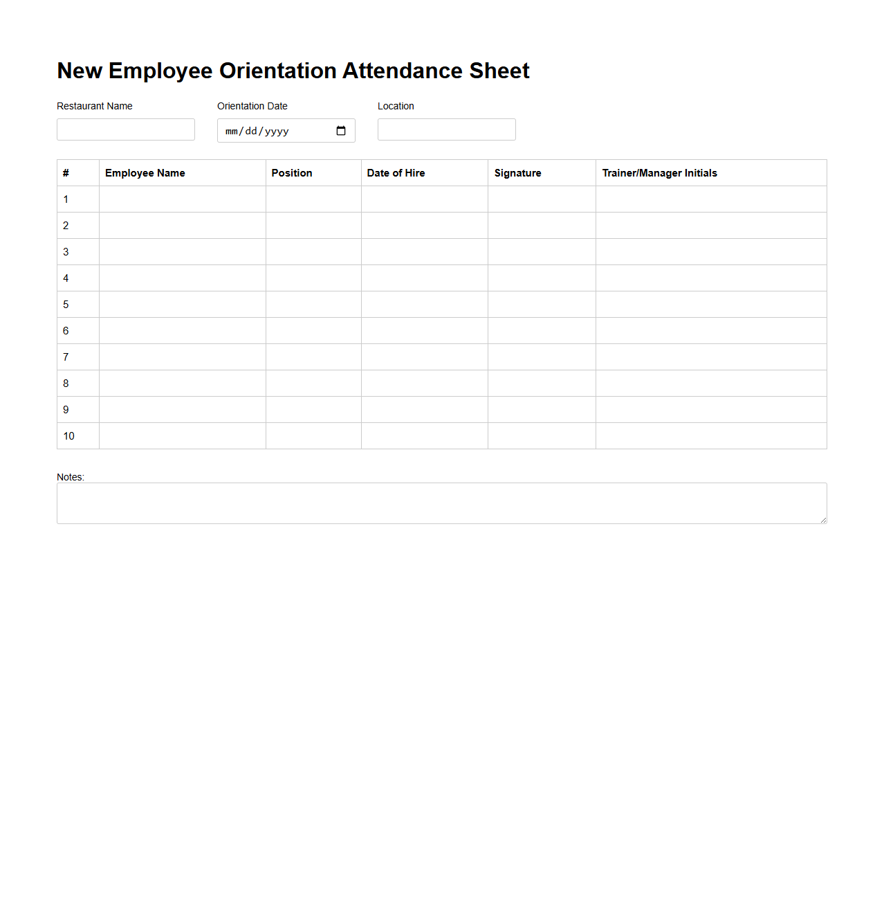 New Employee Orientation Attendance Sheet for Restaurants