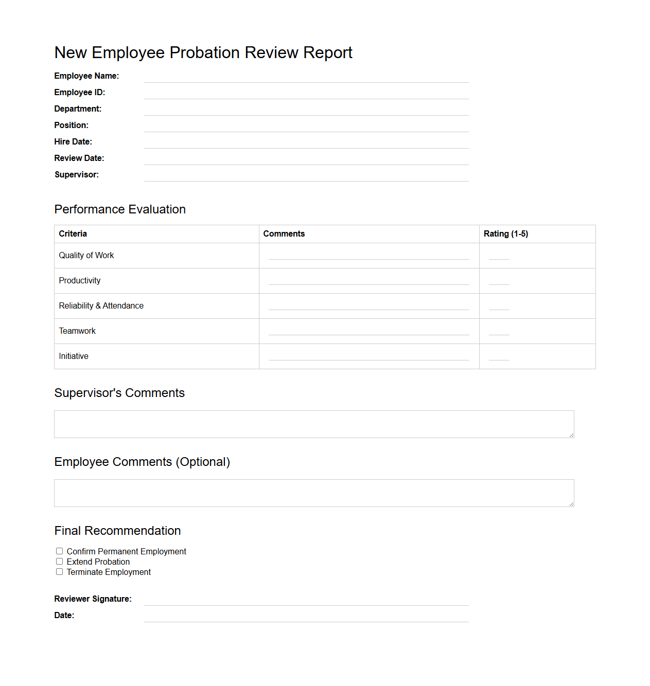 New Employee Probation Review Report Sample