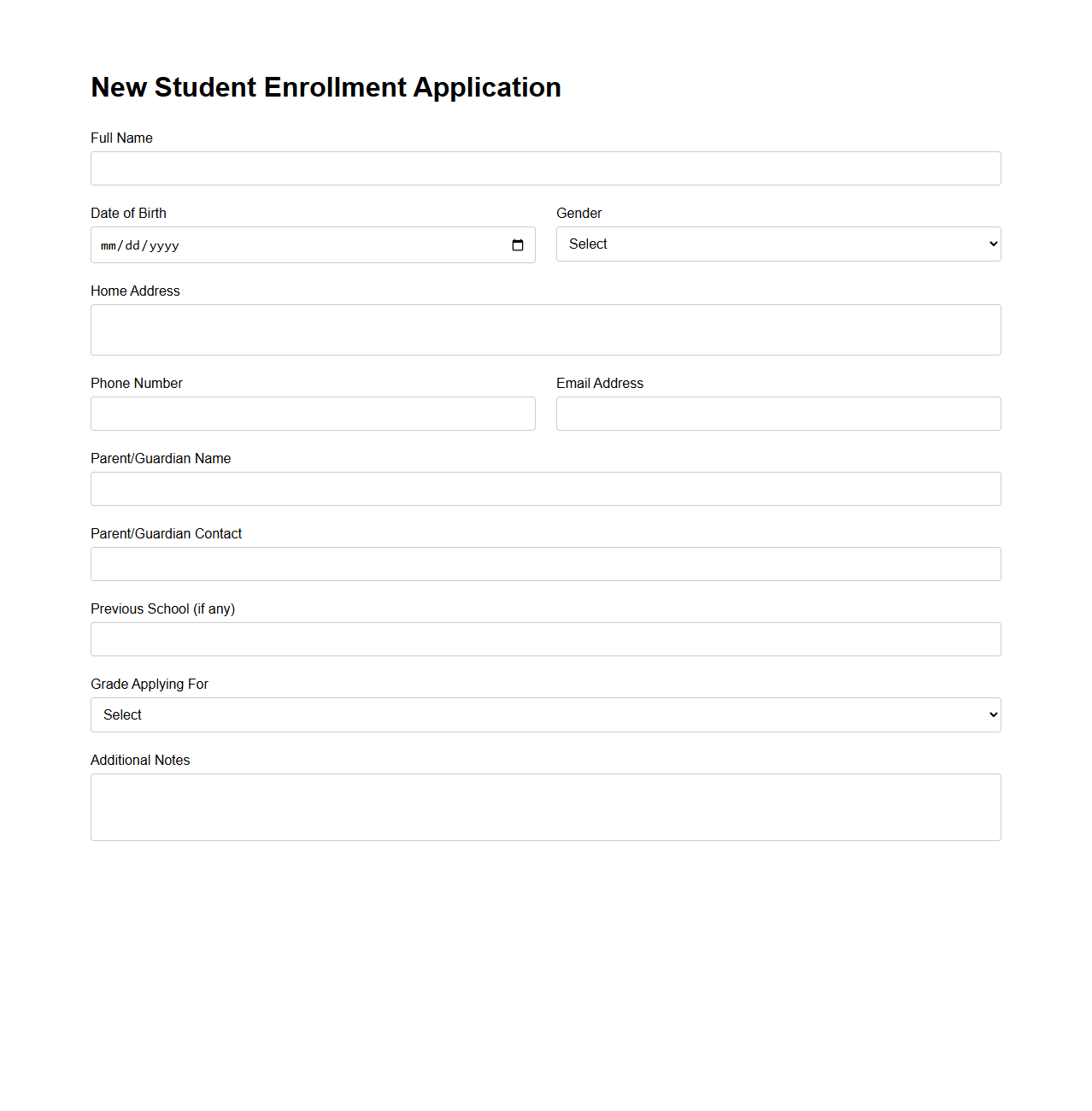 New Student Enrollment Application