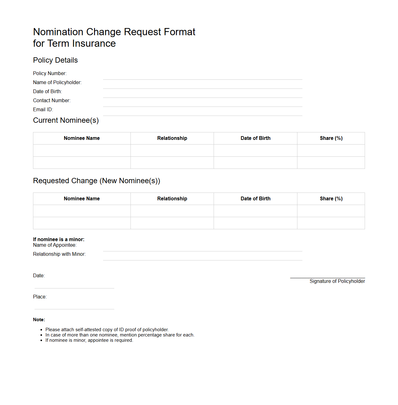 Nomination Change Request Format for Term Insurance