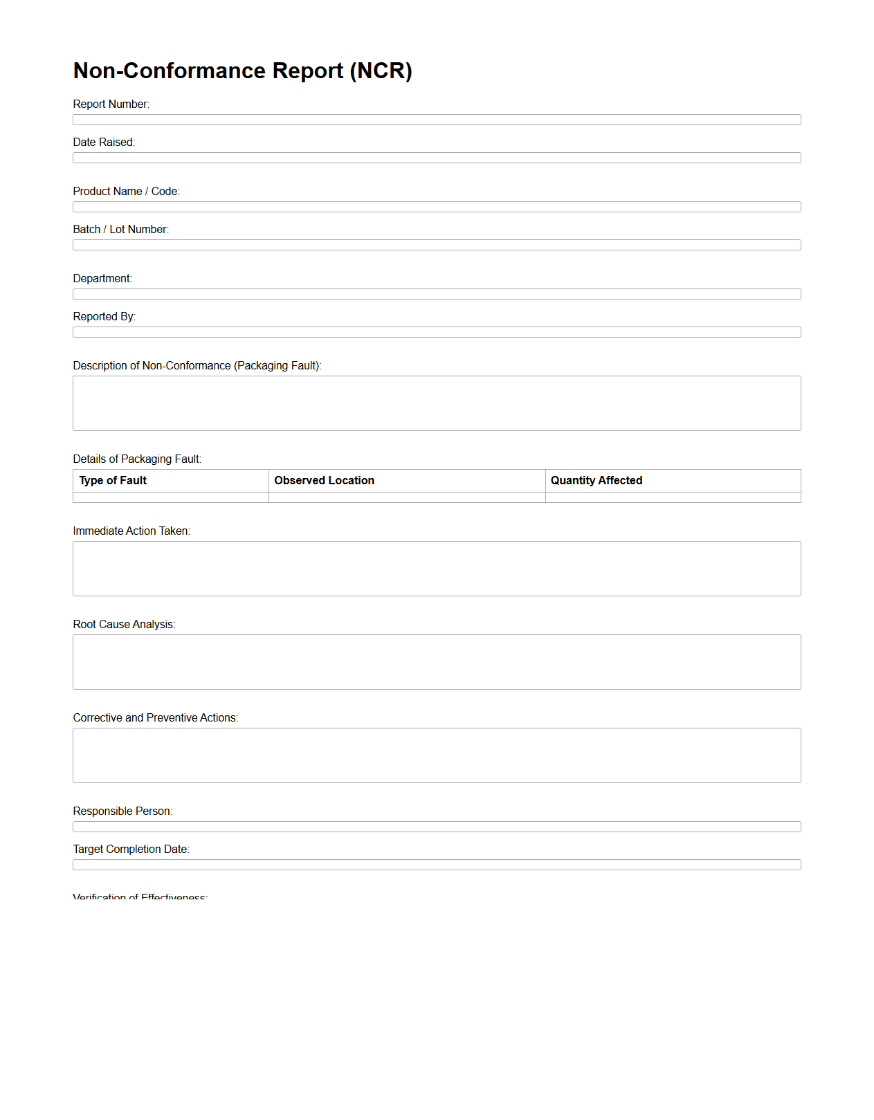 Non-Conformance Report Example for Packaging Faults