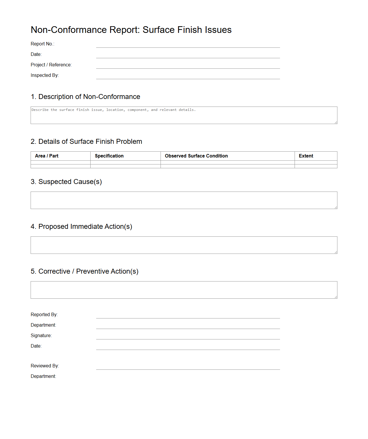 Non-Conformance Report Format for Surface Finish Issues