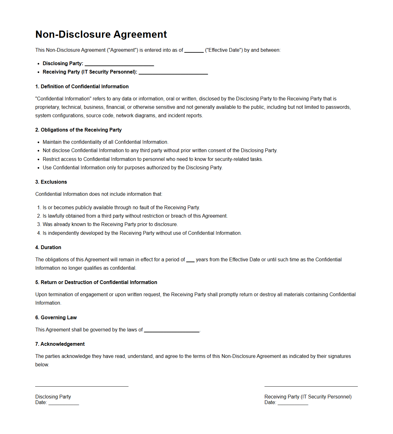Non-Disclosure Agreement for IT Security Personnel
