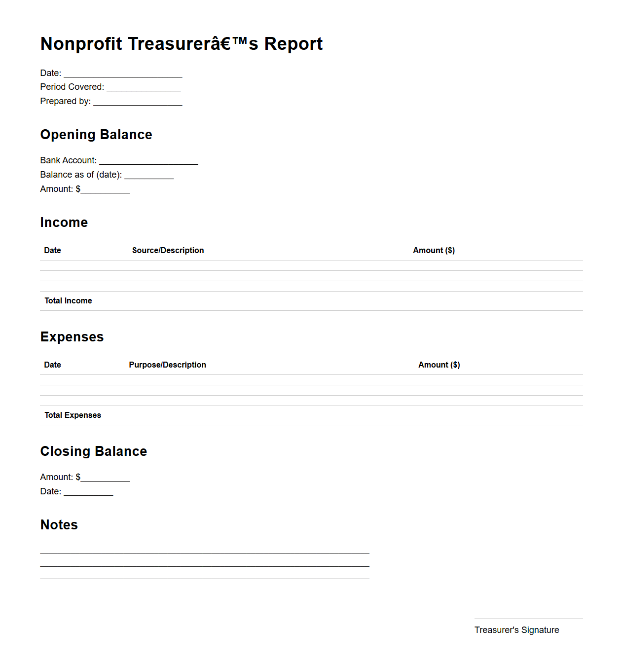 Nonprofit Treasurer’s Report Format