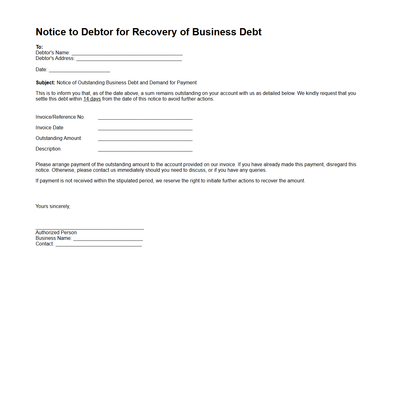 Notice to Debtor for Recovery of Business Debt