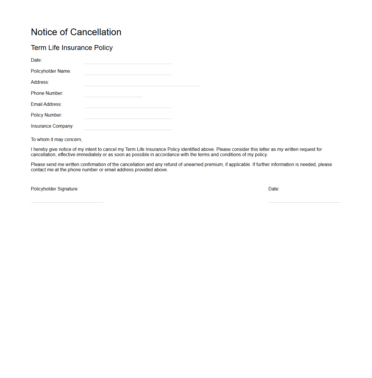 Notice of Cancellation Template for Term Life Insurance Policy
