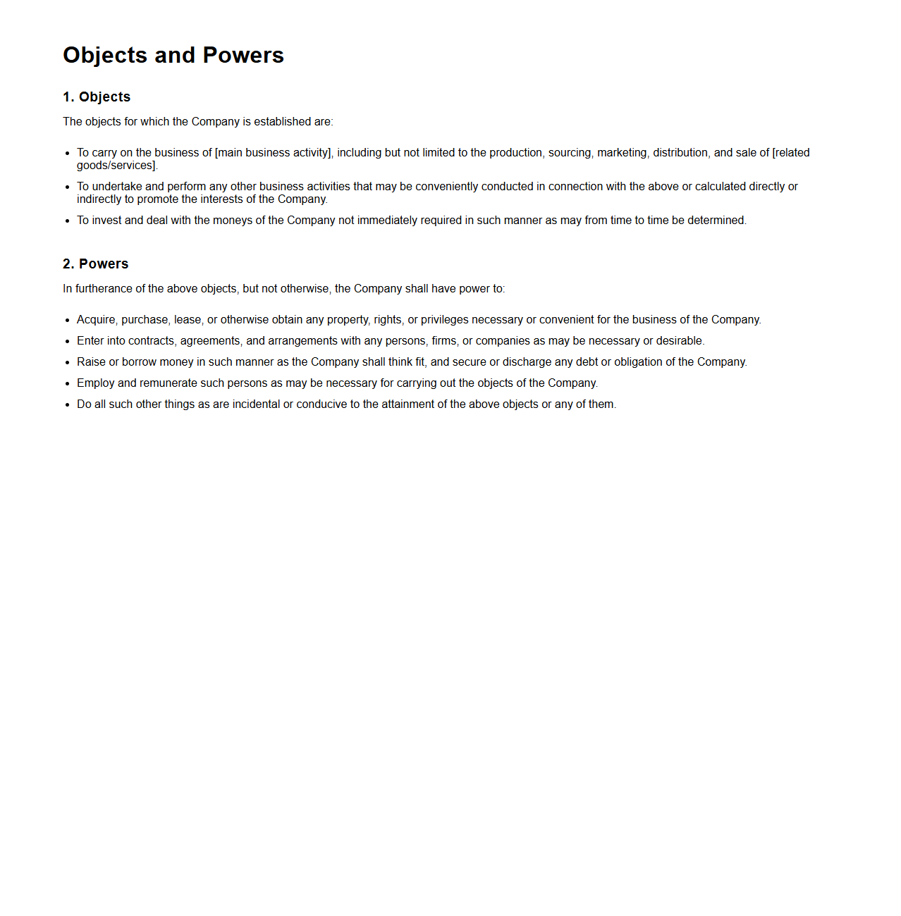 Objects and Powers Section for Corporate Memorandum