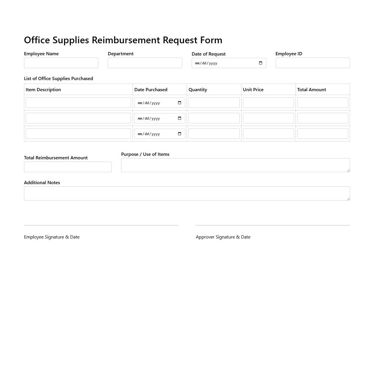 Office Supplies Reimbursement Request Form Example