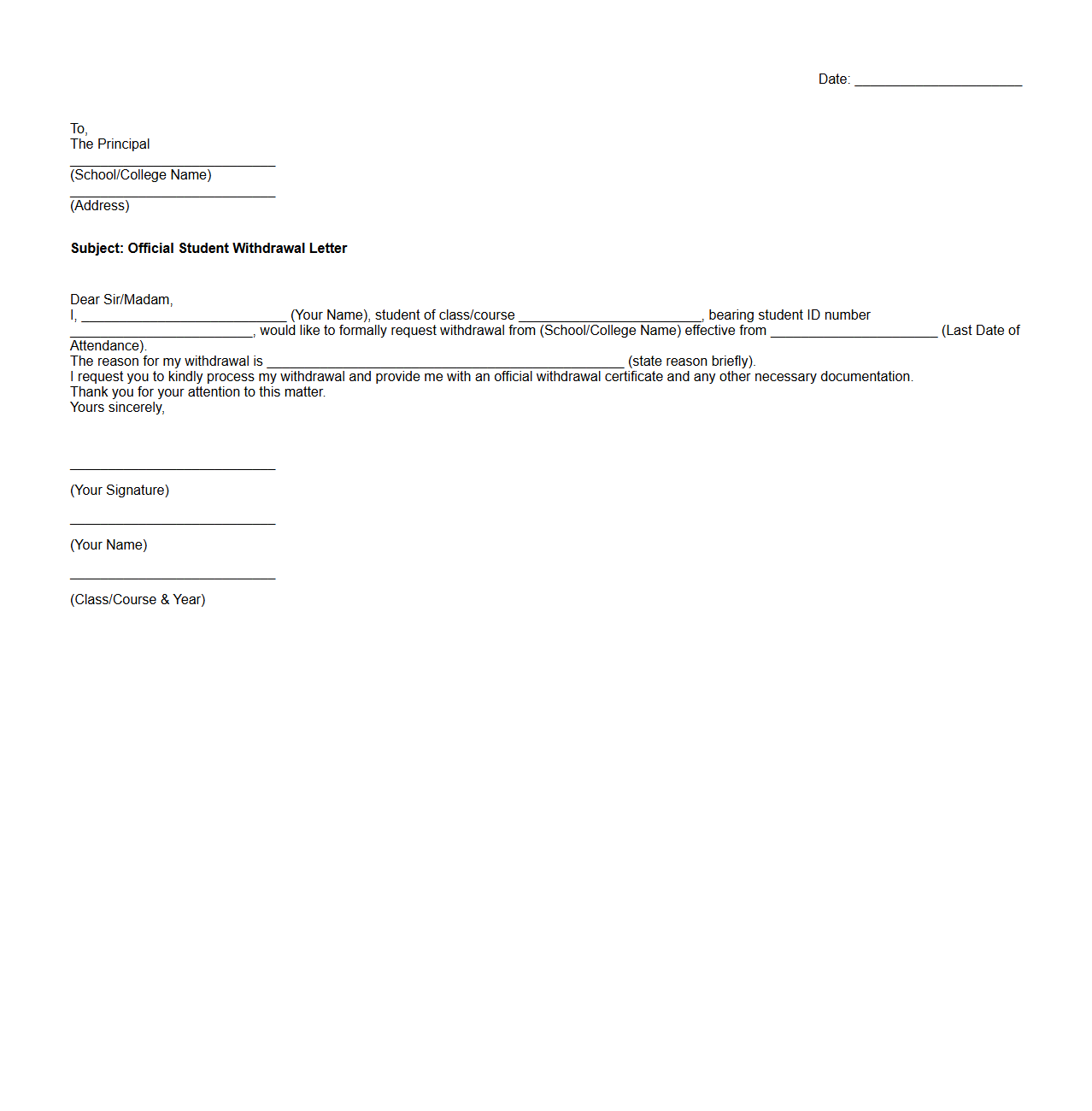 Official Student Withdrawal Letter Format