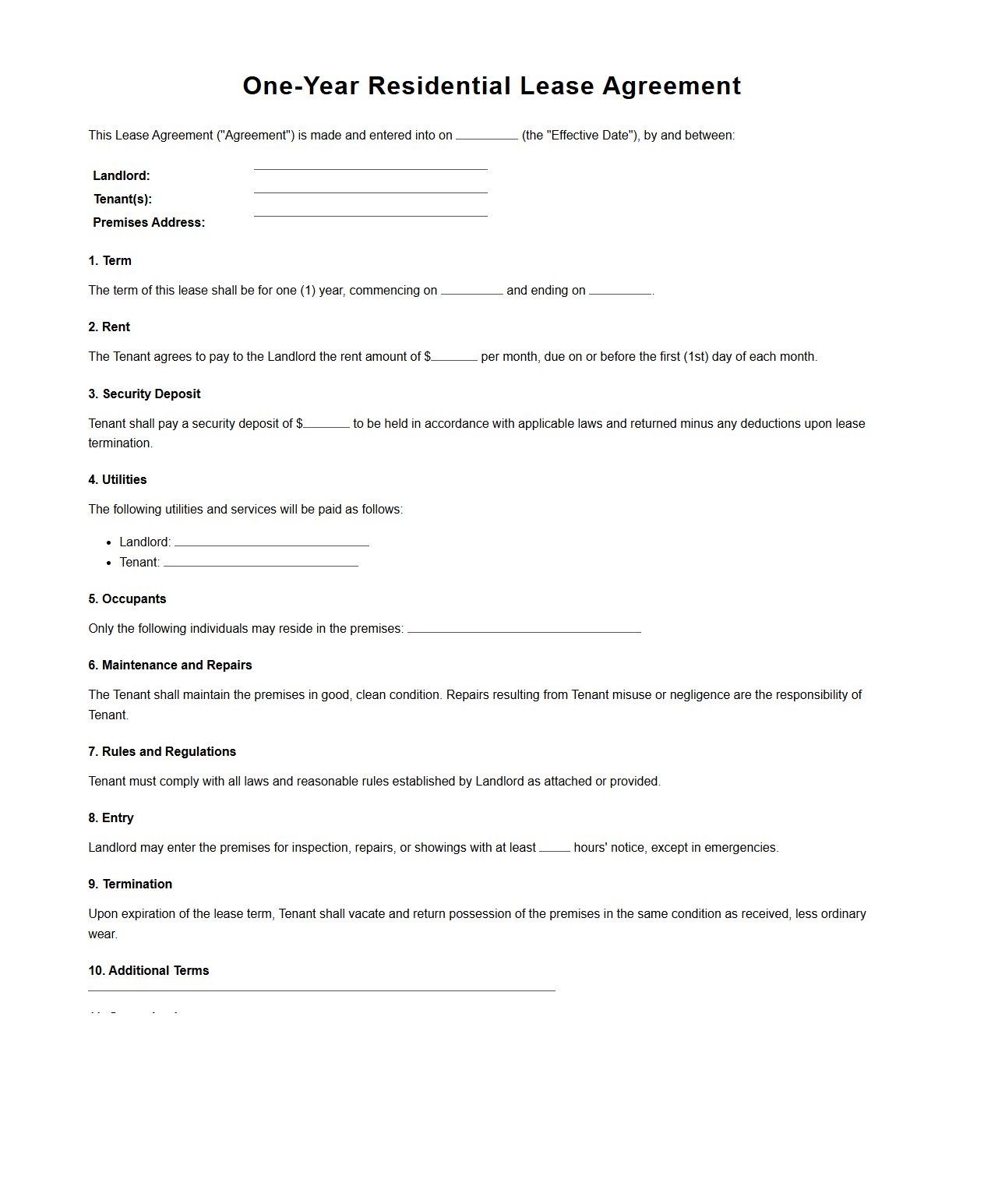 One-Year Residential Lease Agreement Template