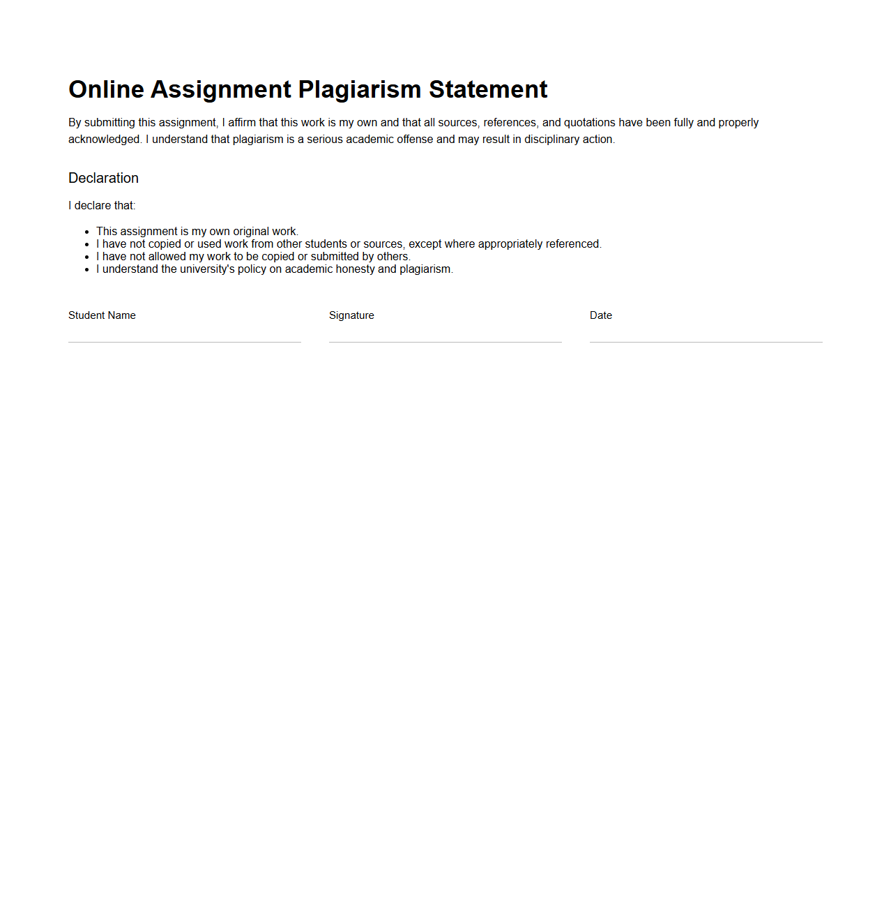 Online Assignment Plagiarism Statement
