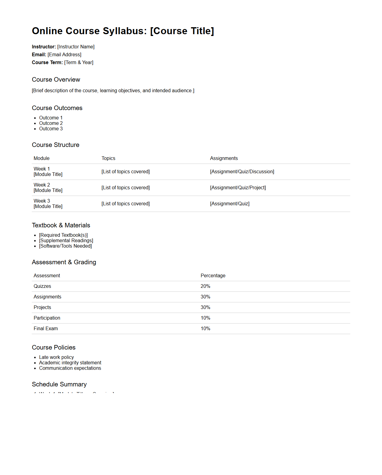 Online Course Structure Syllabus Sample