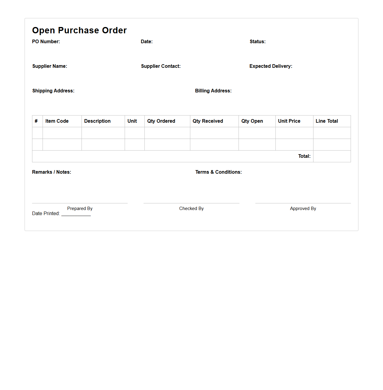 Open Purchase Order Format for Inventory Management
